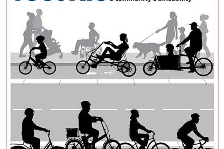 Cover of the AARP Bike Audit Tool Kit with a graphic of a diverse group of people walking and biking in light grey and black on a white background