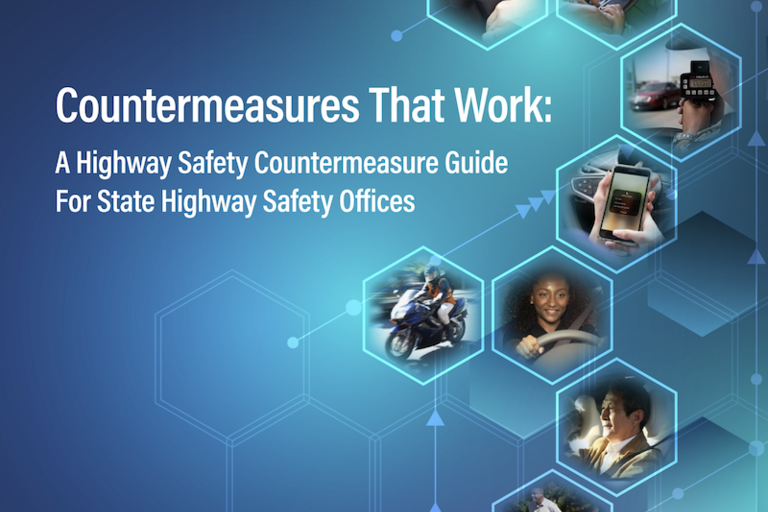 Cover of the 11th Edition Countermeasures That Work guide with white text on a blue  background and images of traffic safety issues arranged on the right side in hexagon shapes