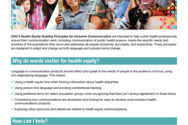 Health Equity Guiding Principles for Inclusive Communication front page, which shows people of all ages smiling at the camera and bodies of text.