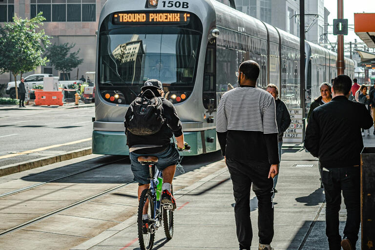 A tram arrives to a station in Phoenix, AZ.
