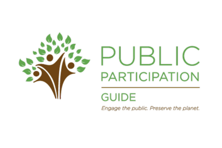 Icon of a tree with green leaves and brown trunk on white background with the text in light green to the right: Public Participation Guide: Engage the public. Preserve the planet.