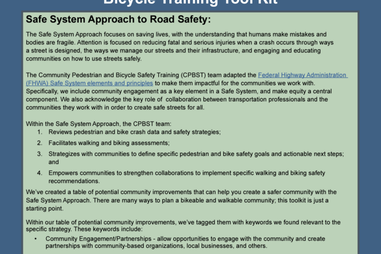 Cover of the Community Pedestrian and Bicycle Safety Training Program's Tool Kit