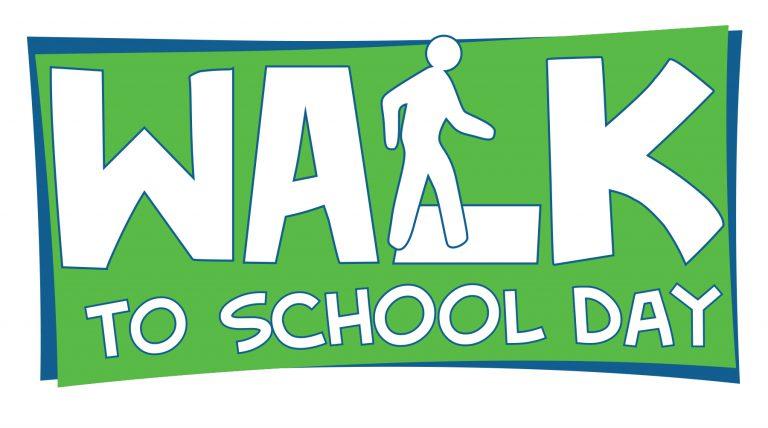 Bright green rectangular box with the words, "Walk to School Day 2019" in white block letters.