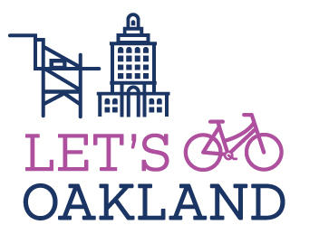 Graphic icons of a skyscraper, bicycle, and shipping crane next to the phrase "Let's Bike Oakland"