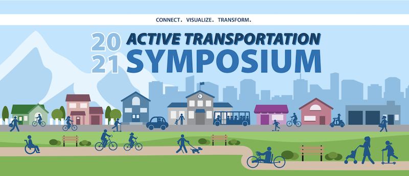 Promotional graphic showing a community with homes, paths, and people traveling by walking, biking, scootering, transit, car and more, with text of conference title superimposed