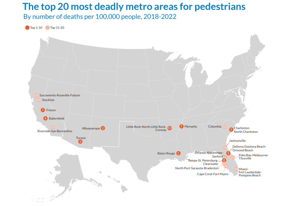 Infographic displays the top 20 deadliest metropolitan areas for pedestrians in the United States, including five metro areas in California.