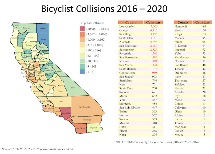 Map and table showing bicyclist collisions for 2016-2020
