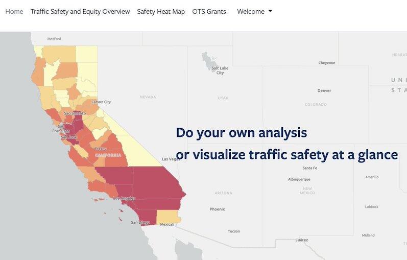 View of the California Traffic Safety Dashboard with a heat map illustrating traffic fatalities across California