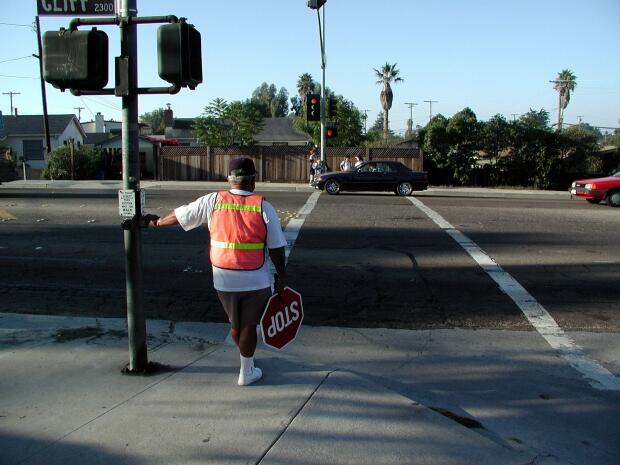 Crossing guard at intersection in Santa Barbara