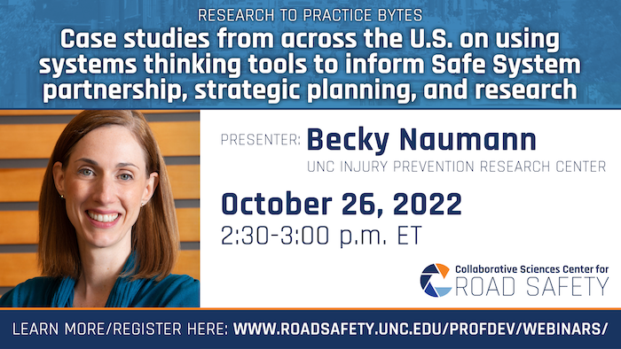 Promotional event graphic with webinar details and a picture of UNC's Becky Naumann, smiling before a wood slated background