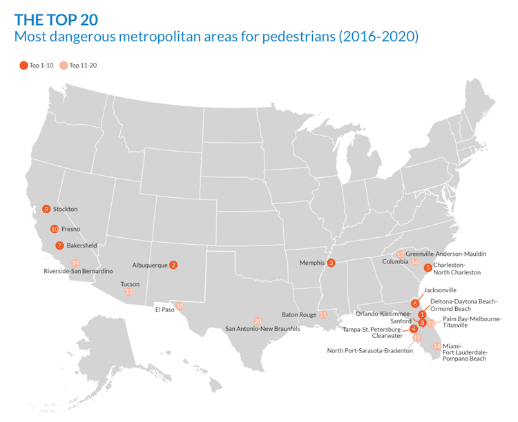 A map showing the top twenty deadliest metropolitan areas for pedestrians, with four in California alone.