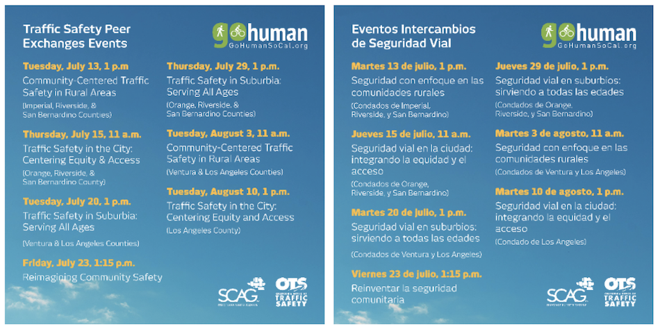 Schedule of upcoming Peer Exchanges in English on the left and in Spanish on the right