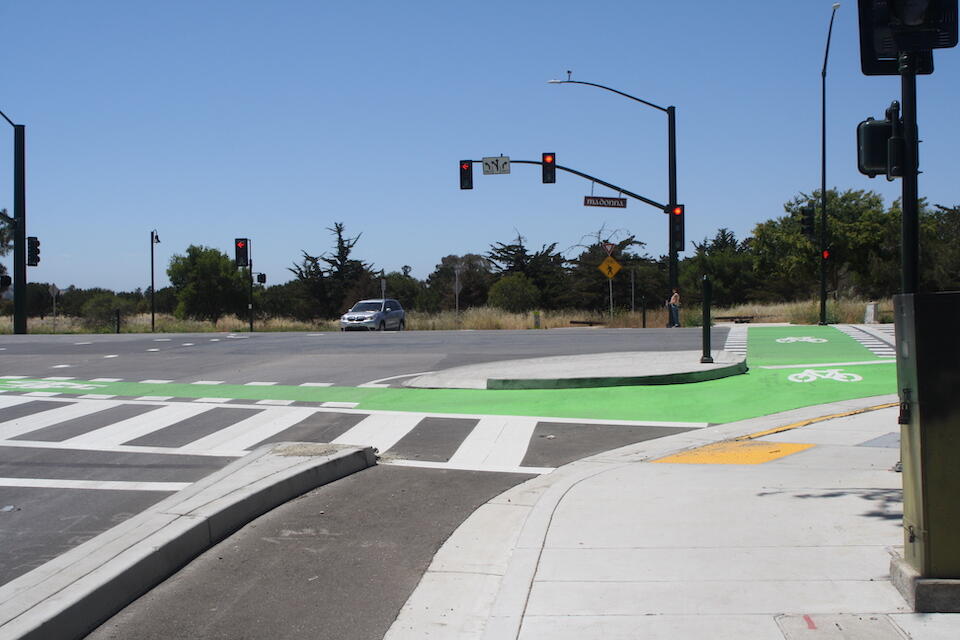 Protected intersection and shared use path at Madonna Road in San Luis Obispo with new 