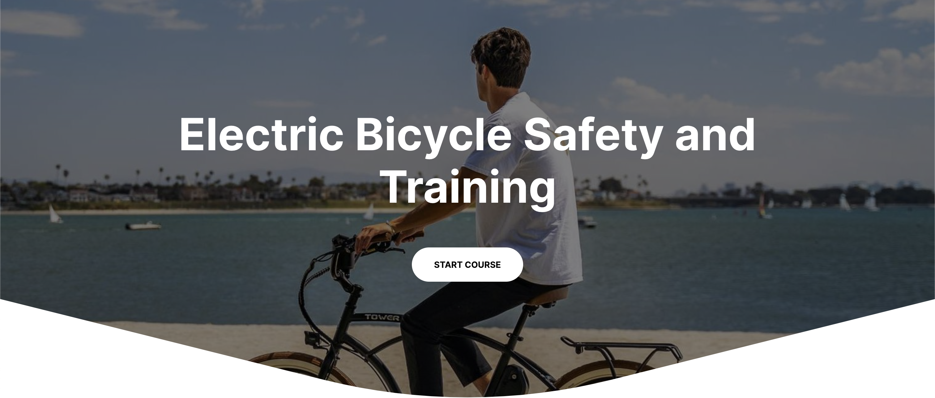 A man rides a bike on the beach, with text overlaid that reads "Electrical Bicycle Safety and Training."