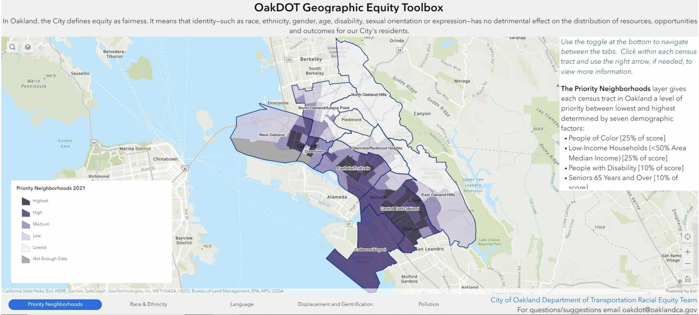 Front page of the OakDOT Geographic Equity Toolbox 