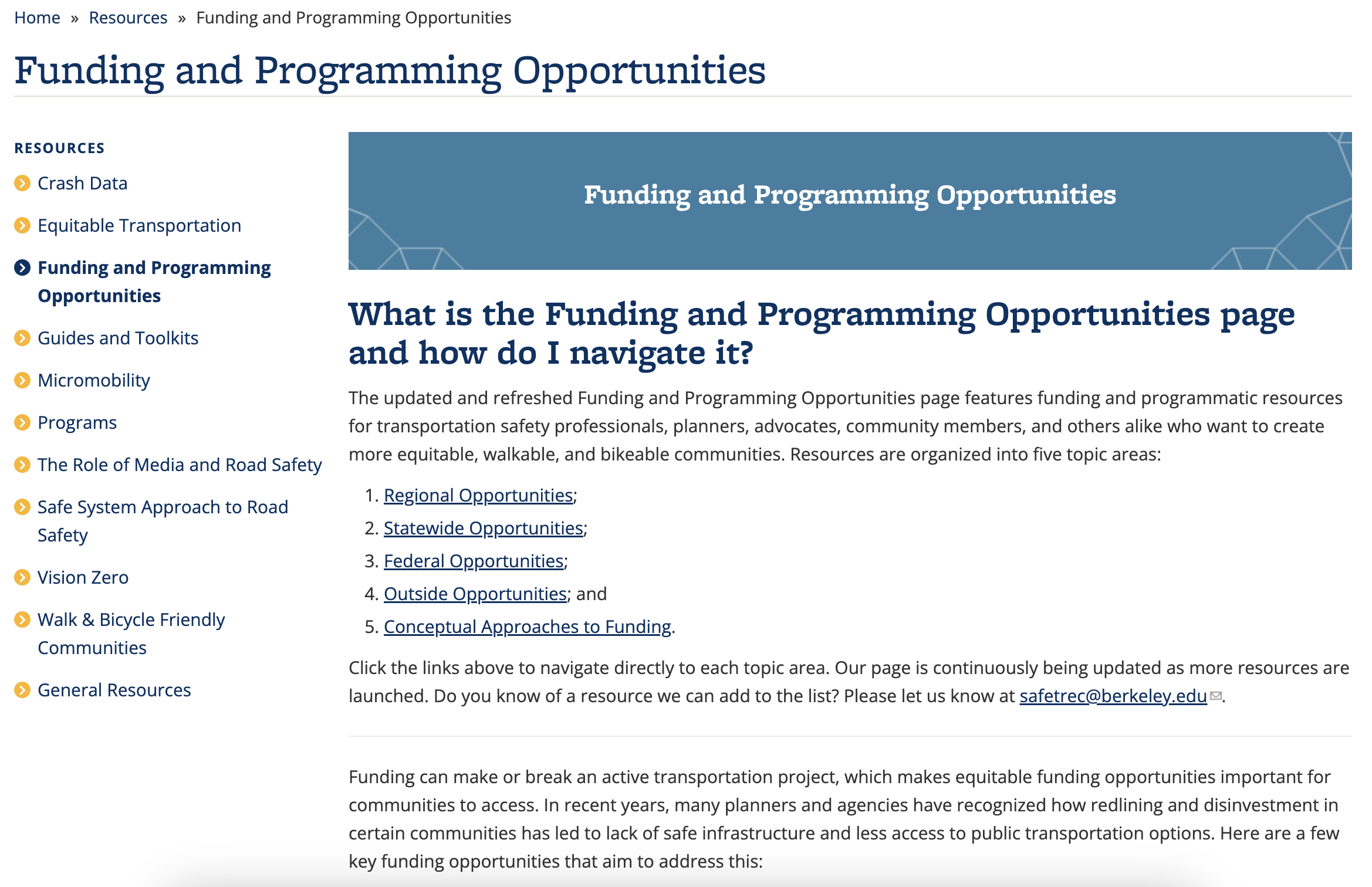  Regional Opportunities; Statewide Opportunities; Federal Opportunities; Outside Opportunities; and Conceptual Approaches to Funding.