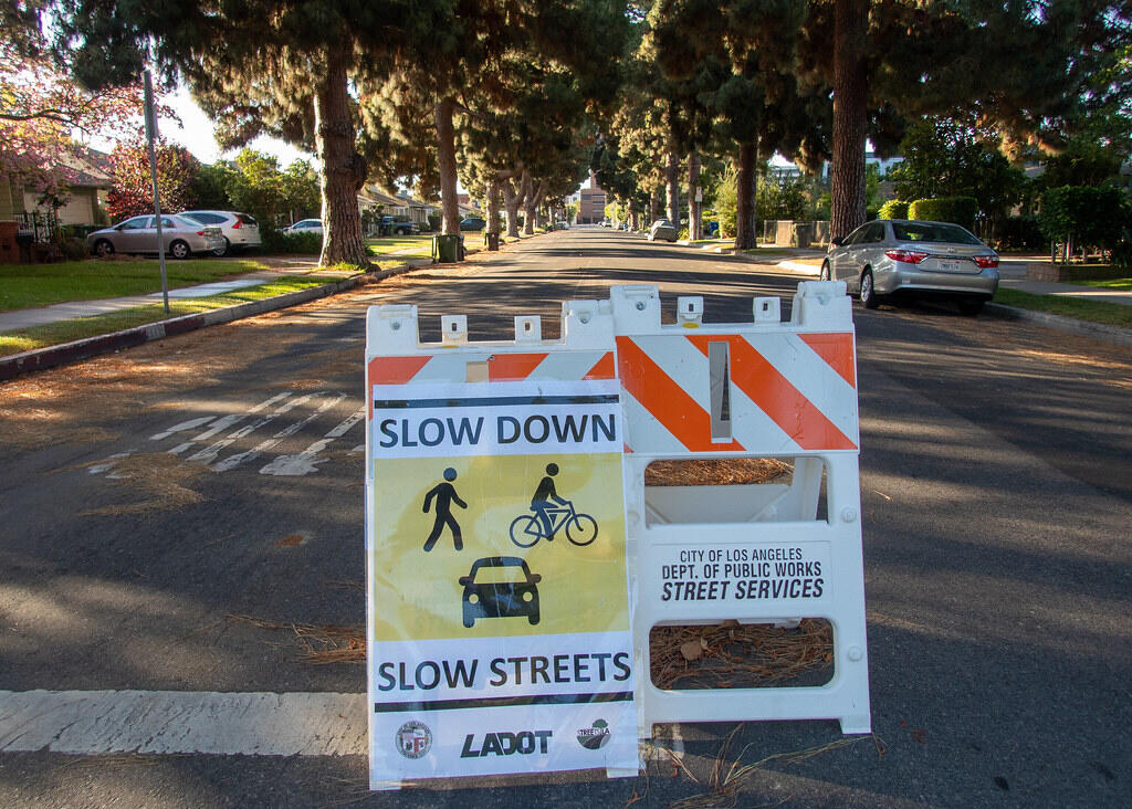 Tree-lined two-lane neighborhood street with two traffic signs in the foreground, one reads "Slow Down, Slow Streets"