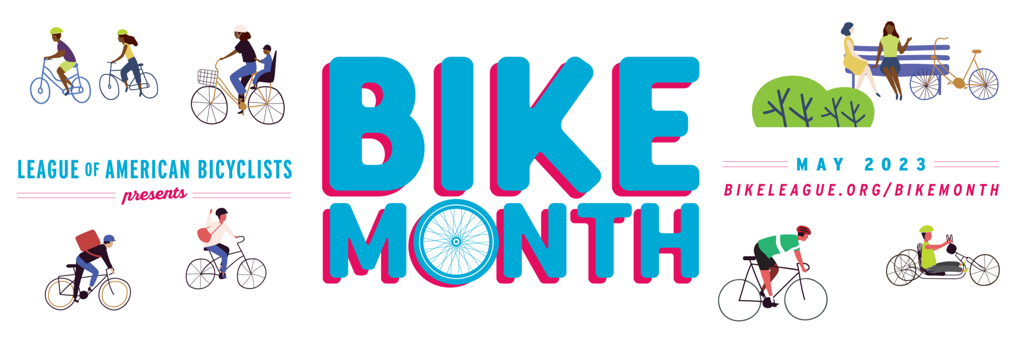 Bike Month logo from the League of American Bicyclists that reads "League of American Bicyclists presents Bike Month May 2023"