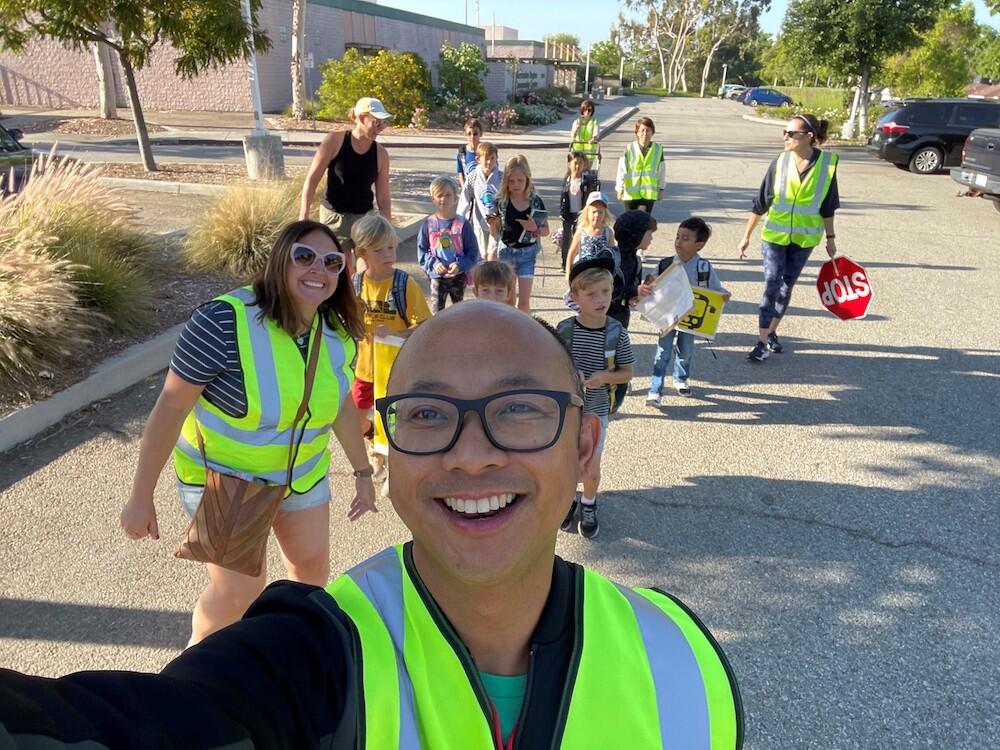 Mayor Jed Leano takes a selfie of the Condit Elementary School Walking School Bus