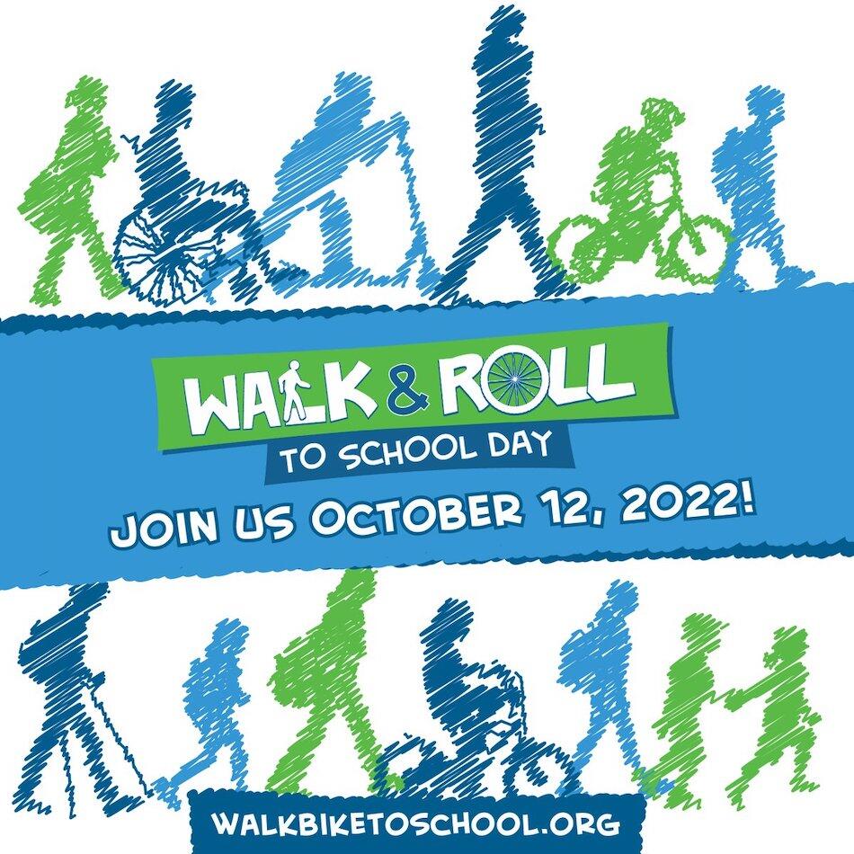 Graphic of youth walking, scooting, biking and rolling in a wheelchair in blue and green colors on a white background, with the national "Walk & Roll to School Day" event name, date & website