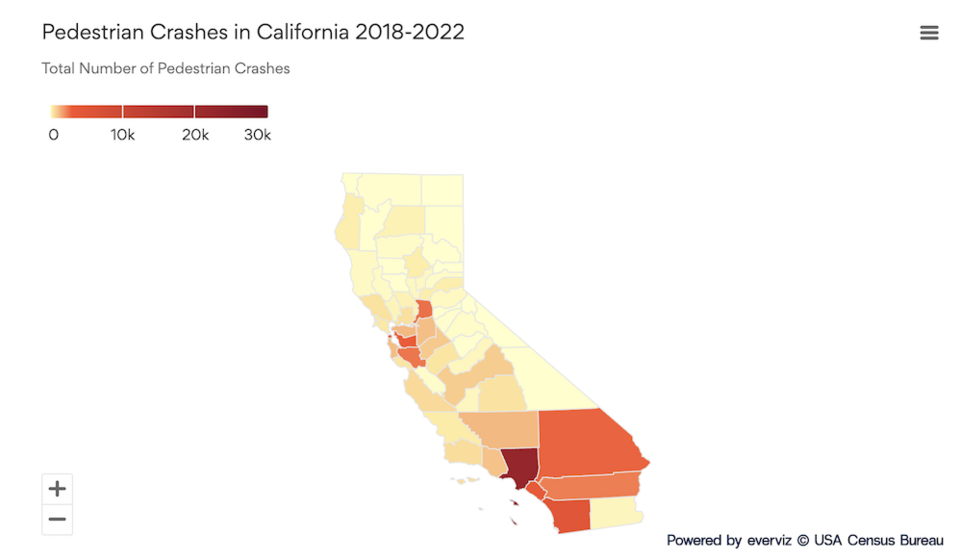 Choropleth map of California counties detailing the total number of pedestrian crashes in each county from 2018 to 2022.