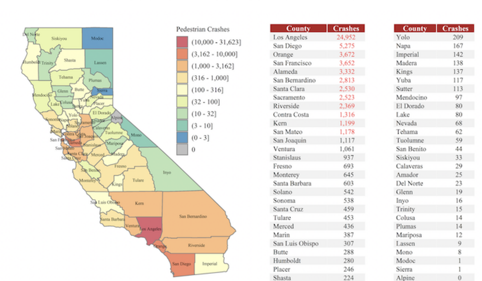 Pedestrian crash data in California for 2017-2021 by county as of the August 2022 update