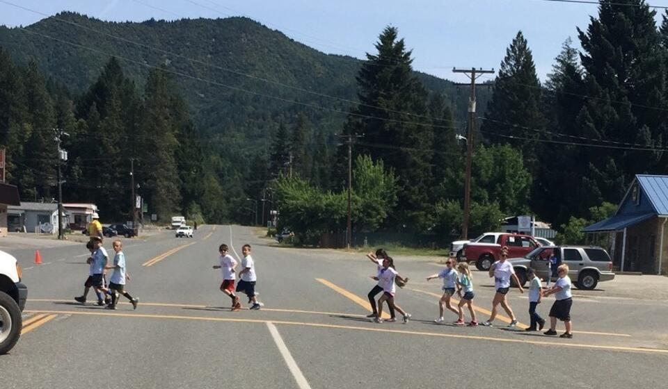 Children cross Highway 96 on Healthy Walk Day. Credit: Caltrans, District 2