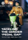 Cover of the Lime report Tackling the Gender 'Pedal Gap' with a woman in a trench coat riding a Lime bike