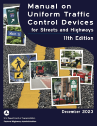 Cover of the new MUTCD featuring titles in white text on a dark blue background with multiple images of traffic signs and markings