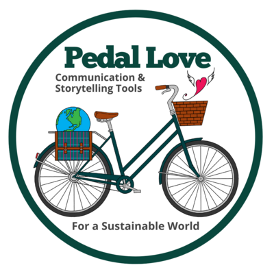Pedal Love logo includes a bike with a globe in the bicycle basket 