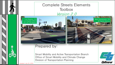 Cover of a Complete Streets elements guide book. Features two photos of crosswalks in urban areas and two graphics showing a pedestrian crossing and a painted green bike lane.