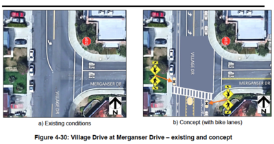 Figure from Suisun City Report showing existing conditions and suggested concept for Village Drive at Merganser Drive