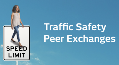 Graphic for Traffic Safety Peer Exchange with woman walking and a speed limit sign